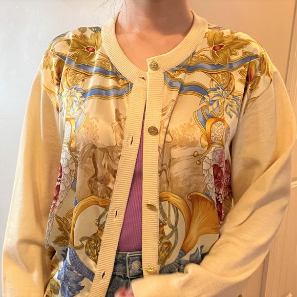 VINTAGE ANTIQUE ANIMALS FLORAL PATTERN SILK CARDIGAN - Picture 5 of 5